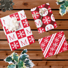 Modern Snowflake Red en White voegen Monogram toe Inpakpapier Vel