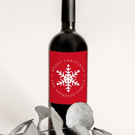 Modern Snowflake Red Holiday Wijn Etiket