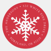 Modern Snowflake Red Return-adreslabel Ronde Sticker (Voorkant)