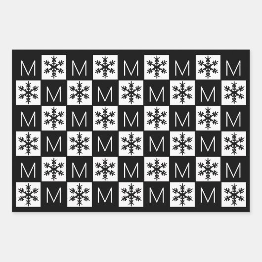 Modern Snowflake voegt Monogram zwart en wit toe Inpakpapier Vel (Voorkant)