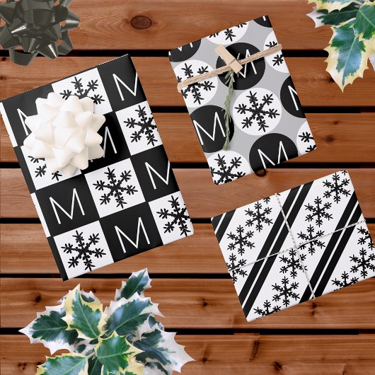 Modern Snowflake voegt Monogram zwart en wit toe Inpakpapier Vel