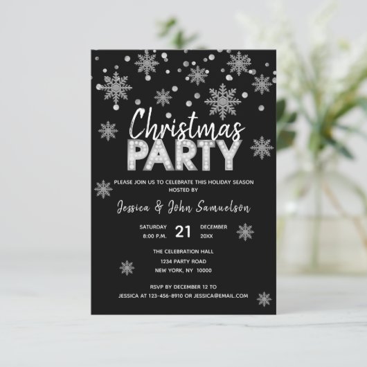 Modern Snowflakes Silver Black CHRISTMAS PARTY Kaart (Staand voorkant)