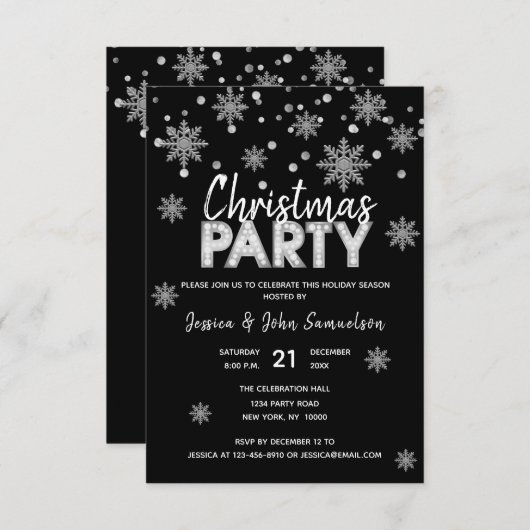 Modern Snowflakes Silver Black CHRISTMAS PARTY Kaart (Voorkant / Achterkant)