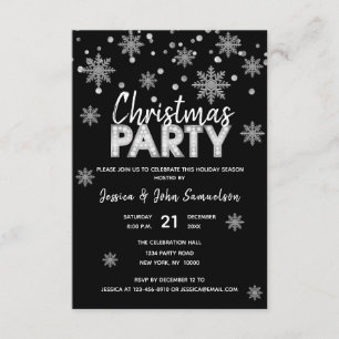 Modern Snowflakes Silver Black CHRISTMAS PARTY Kaart