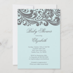 Modern Soft Blue Gray Floral Swirl Baby shower Kaart