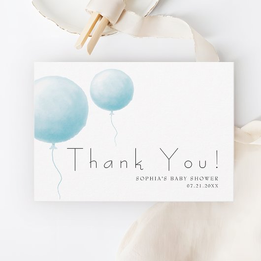 Modern Soft Pastel Blue Balloon Baby Boy Shower Bedankkaart