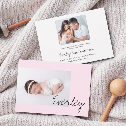 Modern Soft Pink Baby Girl Name Script Photo Birth Aankondiging