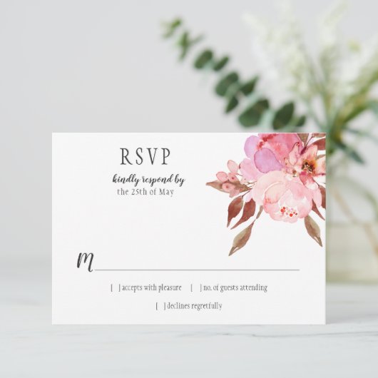 Modern Soft Pink Peonies Greenery RSVP | (Staand voorkant)