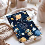 Modern Space Outer Galaxy Baby shower Kaart<br><div class="desc">Doe mee aan de viering met onze Space Outer Baby shower Navy Invitation! Perfect voor aanstaande ouders die over de maan zijn over hun kleintje onderweg, deze hemelse uitnodiging heeft een dromerige marineblauwe achtergrond versierd met sprankelende sterren, planeten en een charmant raketschipontwerp. Kenmerken: Elegant ontwerp: Een verfijnd marinepalet met glinsterende...</div>