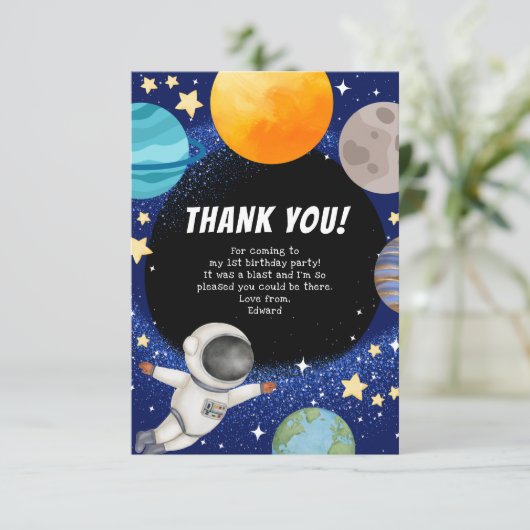 Modern Space verjaardagsfeestje bedankt kaart (Staand voorkant)