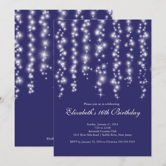 Modern Sparkle Blue Sweet Sixteen Birthday Party Kaart (Voorkant / Achterkant)