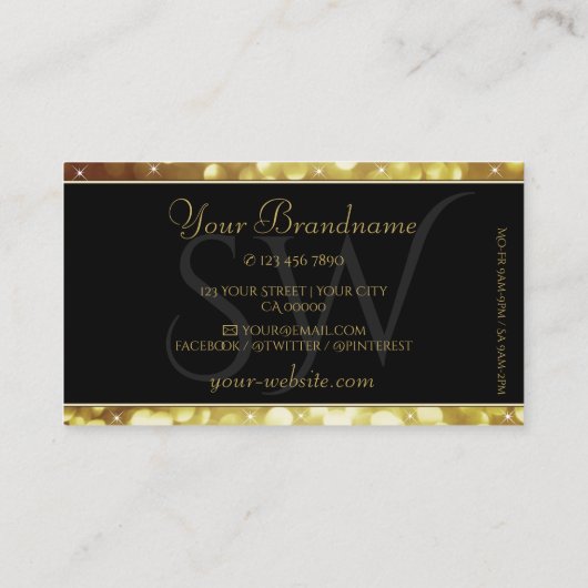 Modern Sparkle Golden Glitter Stars Initialen Zwar Visitekaartje (Achterkant)