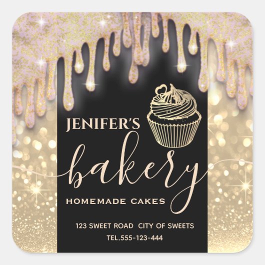 Modern sparkle goud druppels cupcake bakkerij labe vierkante sticker (Voorkant)
