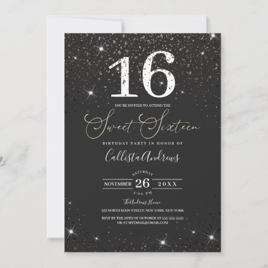 Modern Sparkly Black Glitter Confetti Sweet 16 Kaart (Voorkant)