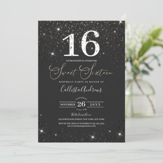 Modern Sparkly Black Glitter Confetti Sweet 16 Kaart (Staand voorkant)