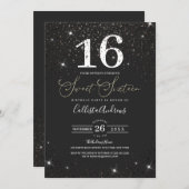Modern Sparkly Black Glitter Confetti Sweet 16 Kaart (Voorkant / Achterkant)