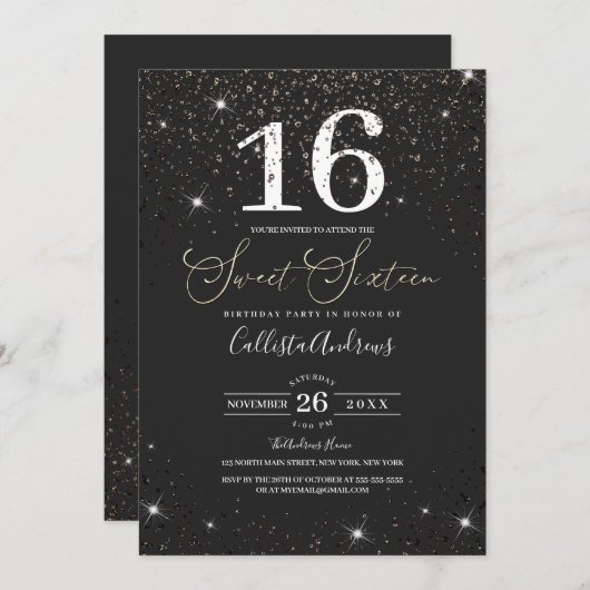 Modern Sparkly Black Glitter Confetti Sweet 16 Kaart (Voorkant / Achterkant)