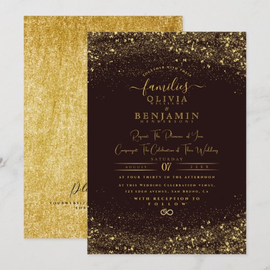 Modern Sparkly Gold Glitter Folie Chic Wedding Kaart (Voorkant / Achterkant)
