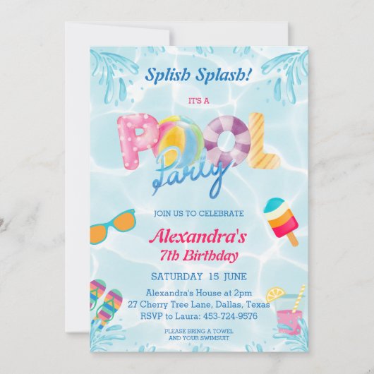Modern Splish Splash Cool Girl's Pool Party Kaart (Voorkant)