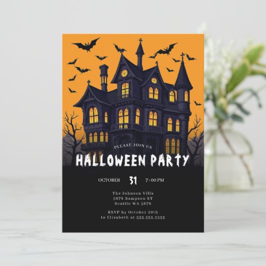 Modern spookhuis | Halloweenfeest Kaart (Staand voorkant)