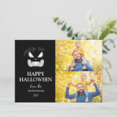 Modern Spooky Pompoen Script Halloween Foto Feestdagenkaart (Staand voorkant)
