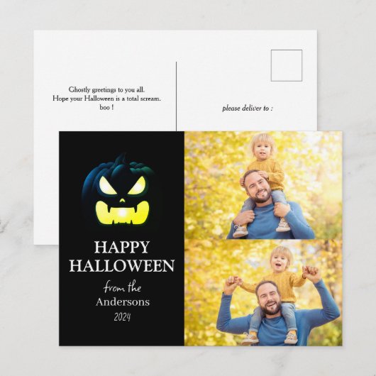 Modern Spooky Pompoen Script Halloween Foto Feestdagenkaart (Voorkant / Achterkant)