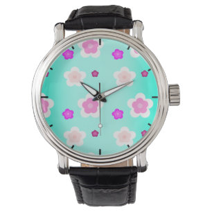 Modern Spring aqua gradiënt paarse flora patroon Horloge
