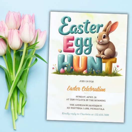 Modern Spring Bunny Easter Egg Hunt Party Invitati Kaart
