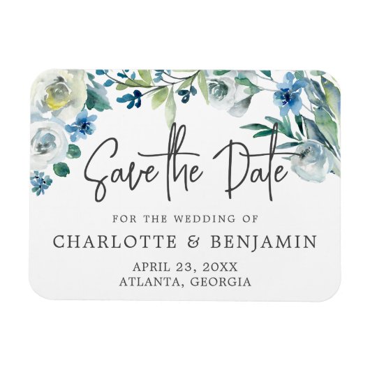 Modern Spring Floral Chic Blue bewaar de datum Magneet (Horizontaal)