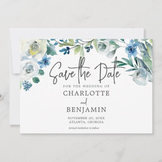 Modern Spring Floral Chic Blue bewaar de datum Save The Date (Voorkant)