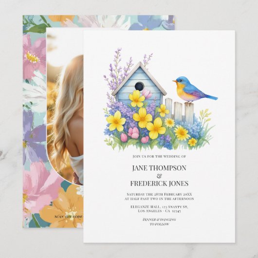 Modern Spring Floral Wedding Photo and QR Code Kaart (Voorkant / Achterkant)