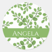 Modern Spring Green Botanical Pattern Leaves Name Ronde Sticker (Voorkant)