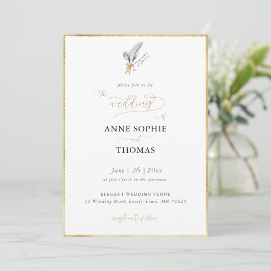 Modern Spring Lily van Valley Gold Bow Wedding Kaart (Staand voorkant)