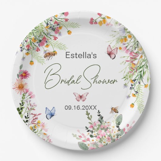 Modern Spring Wild Flowers Script Vrijgezellenfees Papieren Bordje (Voorkant)