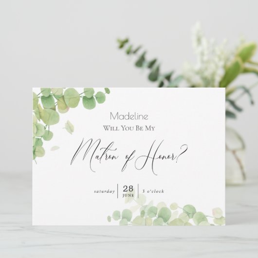 Modern Springtime Eucalyptus Matron of Honor Kaart (Staand voorkant)