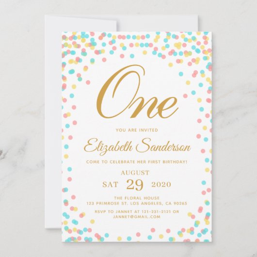 Modern Sprinkle Rainbow Gold Polka Dot Birthday Kaart (Voorkant)