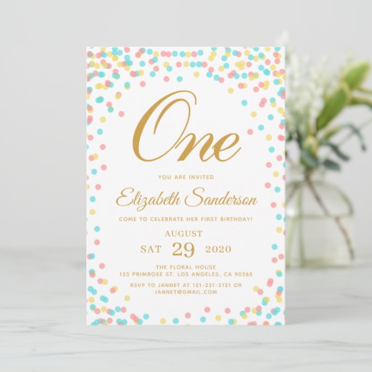 Modern Sprinkle Rainbow Gold Polka Dot Birthday Kaart (Staand voorkant)