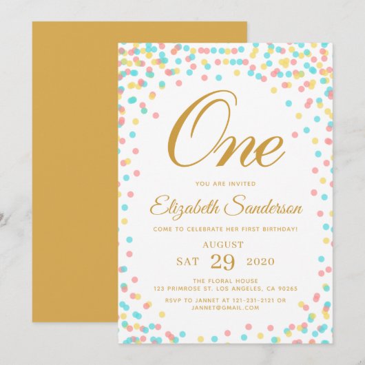 Modern Sprinkle Rainbow Gold Polka Dot Birthday Kaart (Voorkant / Achterkant)