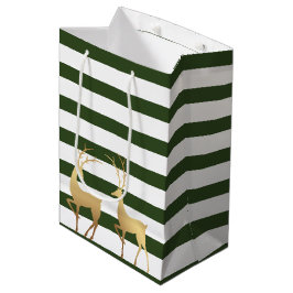 Modern Spruce Green Stripes Gold Deer Medium Cadeauzakje