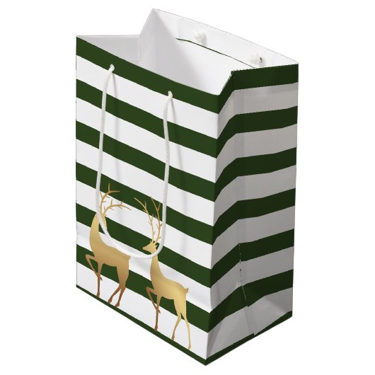 Modern Spruce Green Stripes Gold Deer Medium Cadeauzakje (Voorkant Gekanteld)