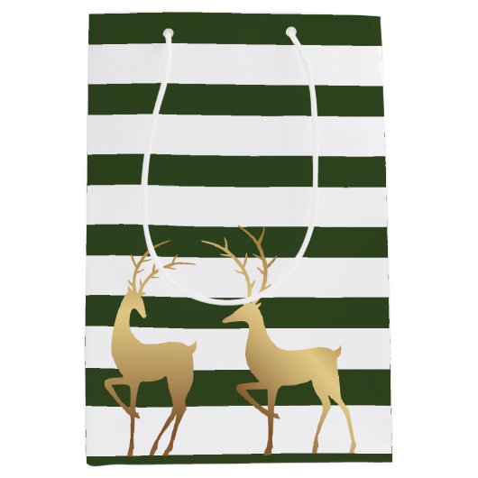 Modern Spruce Green Stripes Gold Deer Medium Cadeauzakje (Voorkant)