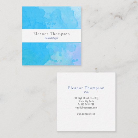 Modern Square Blue Waterverf Vierkante Visitekaartje (Voorkant / Achterkant)
