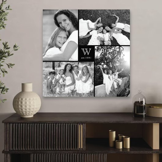 Modern Square Family Monogram Photo Collage Canvas Afdruk