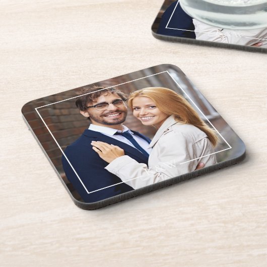 Modern Square Lijst Monogrammed Foto Bier Onderzetter (Linkerzijde)