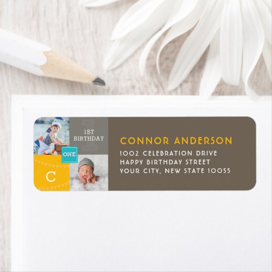 Modern Square Sketch ONE Boy Fothday Party Etiket (Insitu)