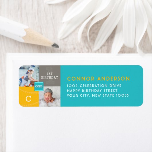 Modern Square Sketch ONE Boy Fothday Party Etiket (Insitu)