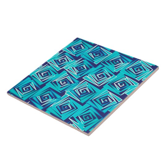 Modern Square Spirals, Navy en Aqua Tegeltje (Zijkant)