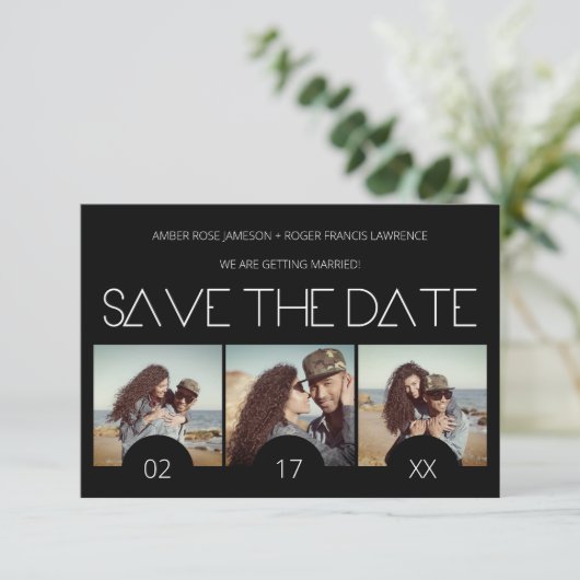 Modern Sript Elegant Romantic Drie Foto's Save The Date (Staand voorkant)
