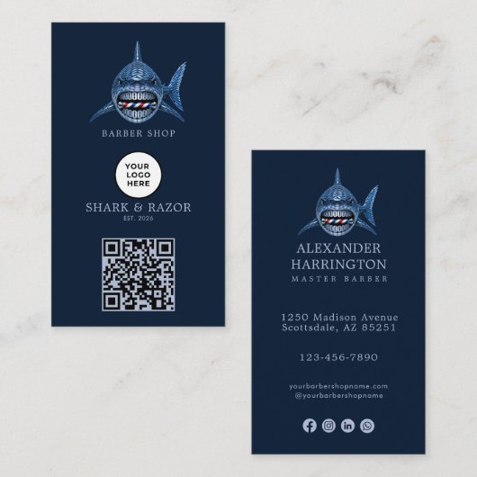 Modern Staalhaai Kapperszaak Logo Qr Code Visitekaartje (Voorkant / Achterkant)