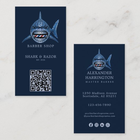 Modern Staalhaai Kapperszaak Logo Qr Code Visitekaartje (Voorkant / Achterkant)